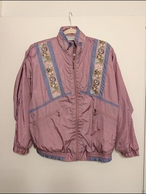 Vintage Floral Embroidered Windbreaker Jacket - Pink Purple